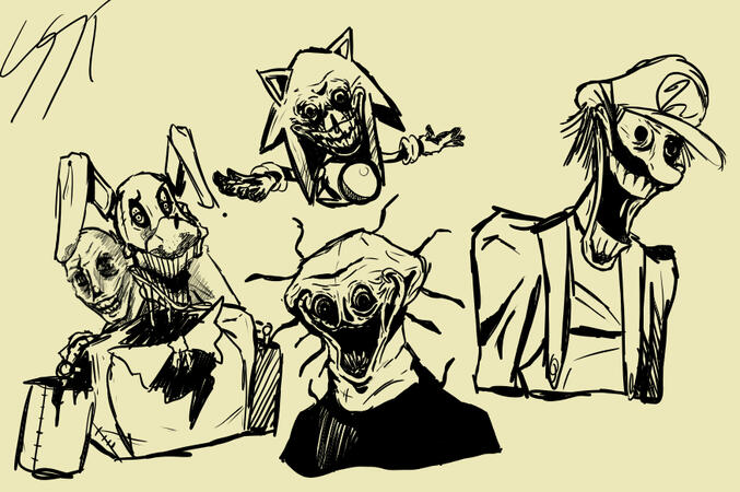 Sketches of various scary creatures throughout the online landscape